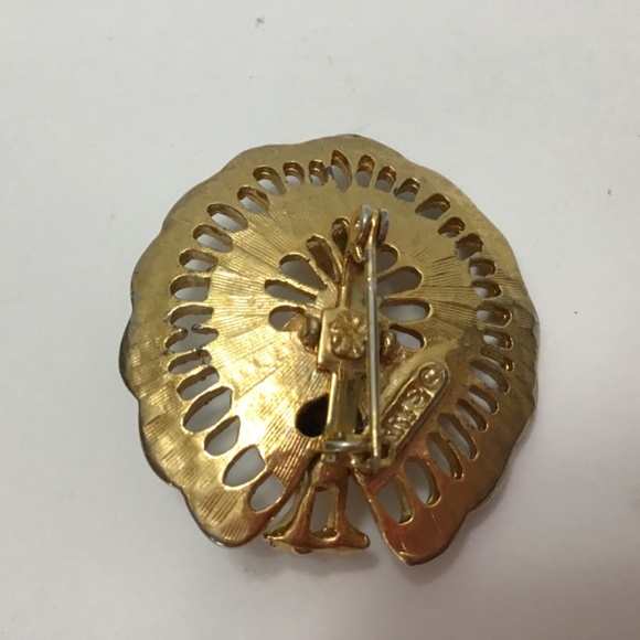 1960's Peacock Brooch, Pin, Lapel Pin-Gold Tone, Faux Ruby Rhinestone Crown - Picture 3 of 5